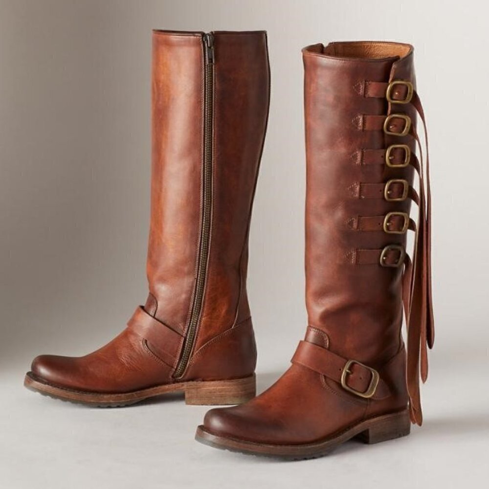 FRYE VERONICA Women Strap Tall Brown leather Boots size 6 Western Boho Moto